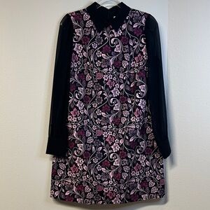 Nanette Lepore Moody Romance Brocade Jacquard Floral Shift Dress Sheer Sleeves 8
